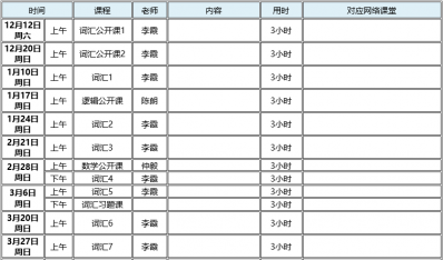 备战2017年词汇一班课表